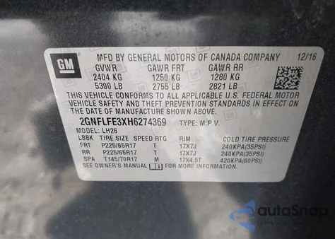 2017 Chevrolet Equinox Lt from USA, damaged, VIN 2GNFLFE3XH6274369